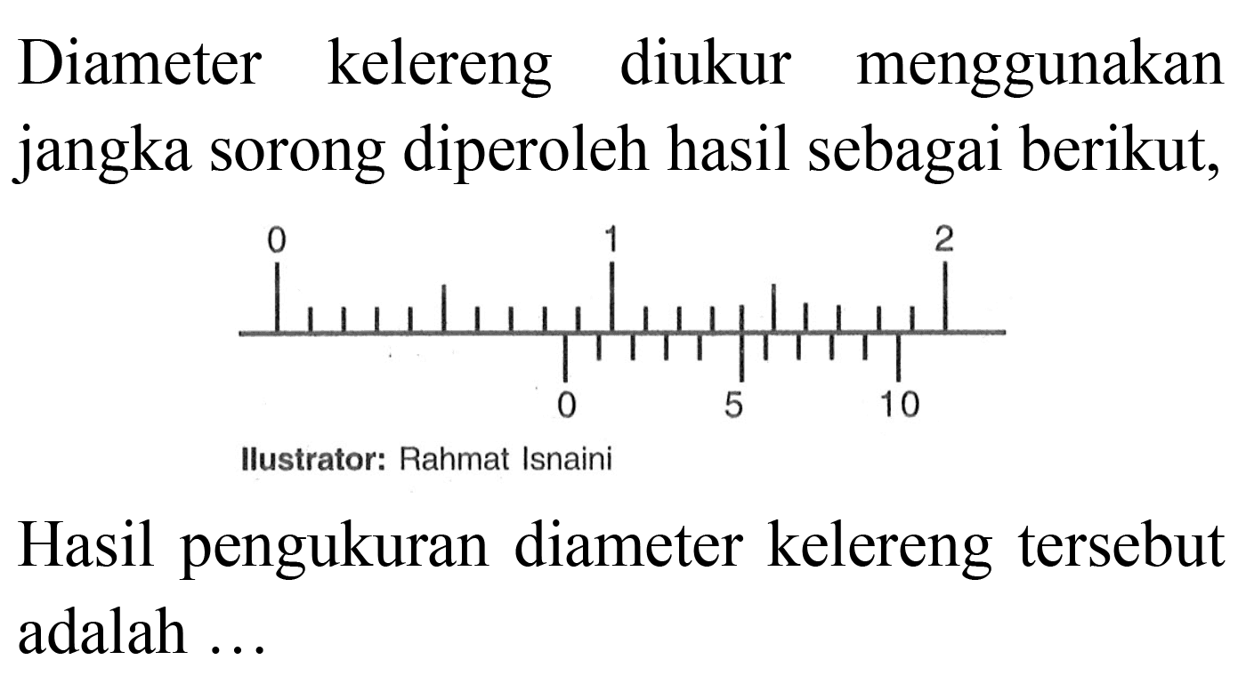 Diameter kelereng diukur menggunakan jangka sorong diperoleh hasil sebagai berikut, 0 1 2 0 5 10 Ilustrator: Rahmat Isnaini Hasil pengukuran diameter kelereng tersebut adalah ...