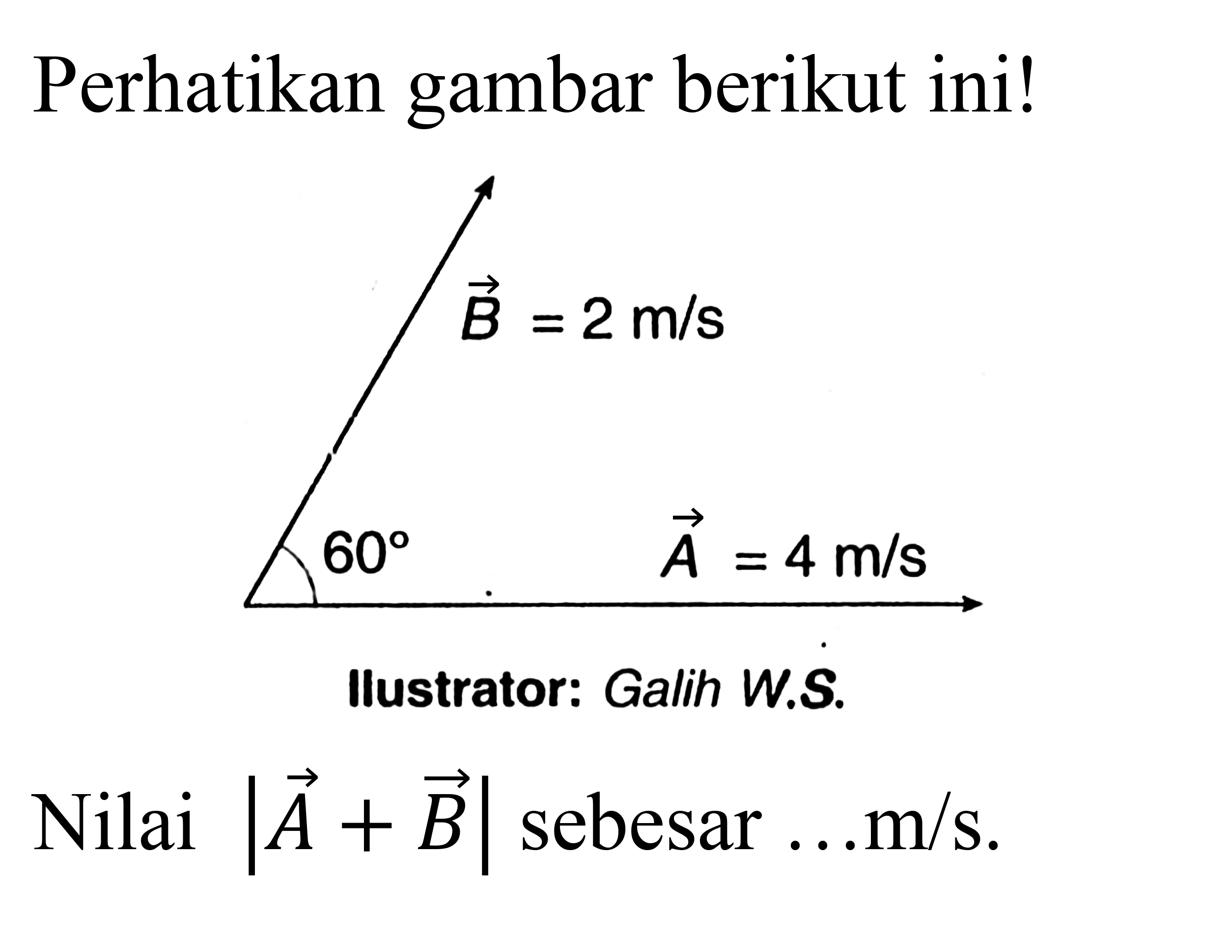 Perhatikan gambar berikut ini! 
vektor B = 2 m/s 
60 vektor A = 4 m/s 
Ilustrator: Galih W.S. 
Nilai |A + B| sebesar ... m/s.