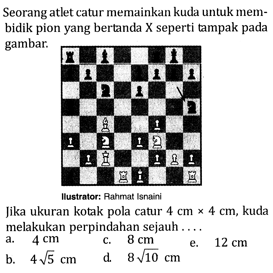 Seorang atlet catur memainkan kuda untuk membidik pion yang bertanda X seperti tampak pada gambar. 
Ilustrator: Rahmat Isnaini 
Jika ukuran kotak pola catur 4 cm x 4 cm, kuda melakukan perpindahan sejauh ....