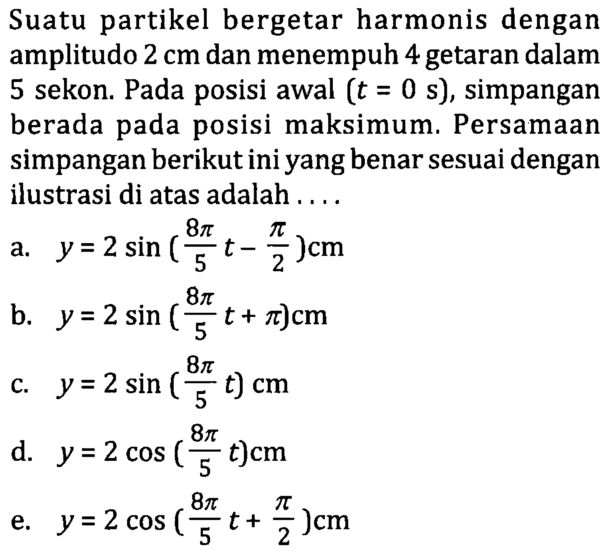 Suatu partikel bergetar harmonis dengan amplitudo  2 cm  dan menempuh 4 getaran dalam 5 sekon. Pada posisi awal  (t=0 ~s) , simpangan berada pada posisi maksimum. Persamaan simpangan berikut ini yang benar sesuai dengan ilustrasi di atas adalah ....
a.  y=2 sin ((8 pi)/(5) t-(pi)/(2)) cm 
b.  y=2 sin ((8 pi)/(5) t+pi) cm 
c.  y=2 sin ((8 pi)/(5) t) cm 
d.  y=2 cos ((8 pi)/(5) t) cm 
e.  y=2 cos ((8 pi)/(5) t+(pi)/(2)) cm 