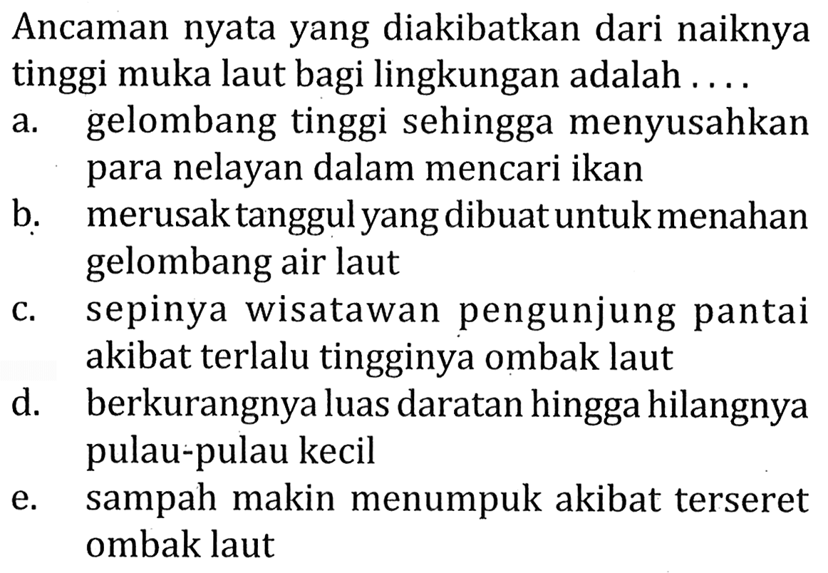 Ancaman nyata yang diakibatkan dari naiknya tinggi muka laut bagi lingkungan adalah ....