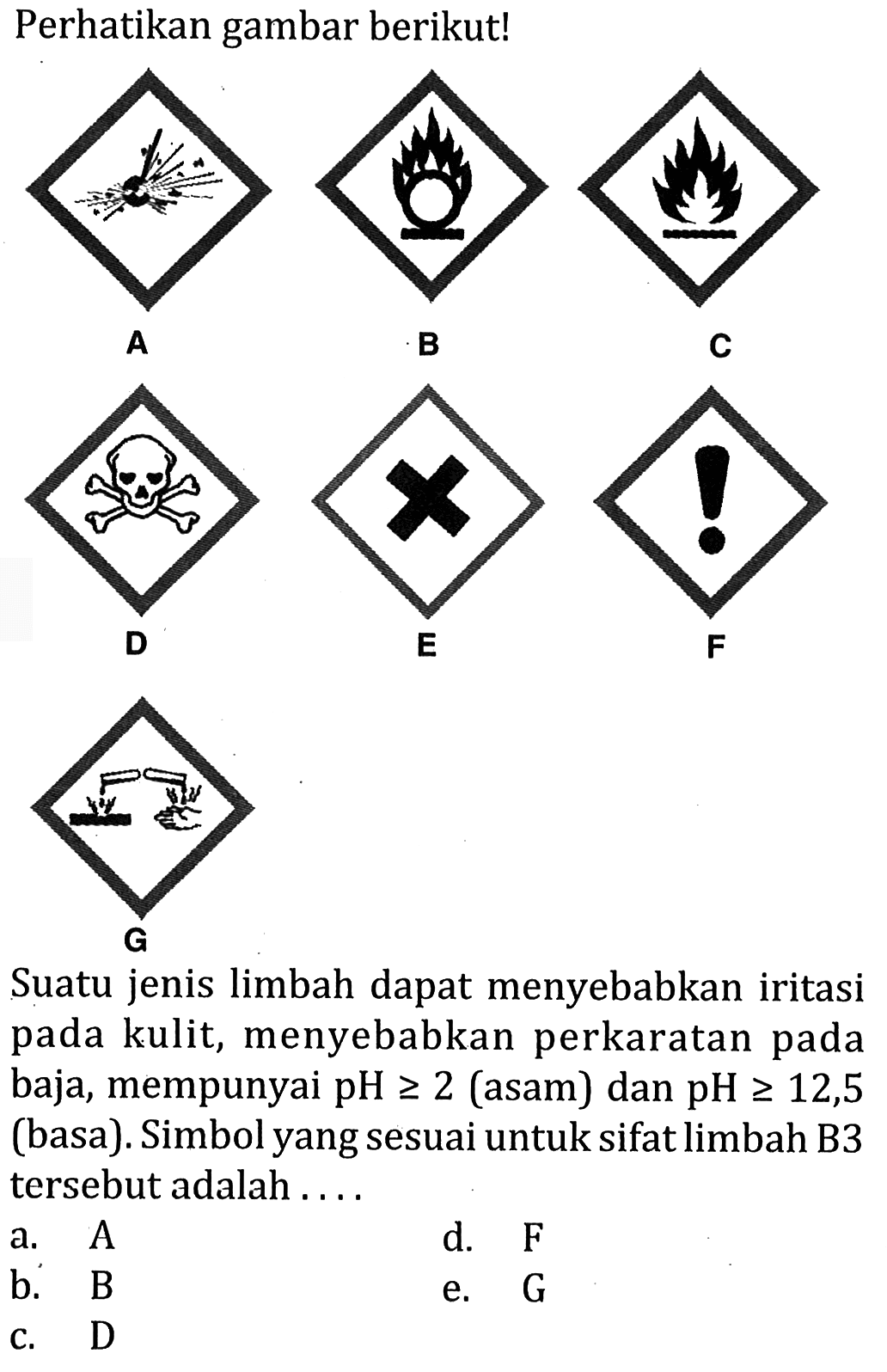 Perhatikan gambar berikut! A B C D E F G  Suatu jenis limbah dapat menyebabkan iritasi pada kulit, menyebabkan perkaratan pada baja, mempunyai pH >= 2 (asam) dan pH >= 12,5 (basa). Simbol yang sesuai untuk sifat limbah B3 tersebut adalah ....