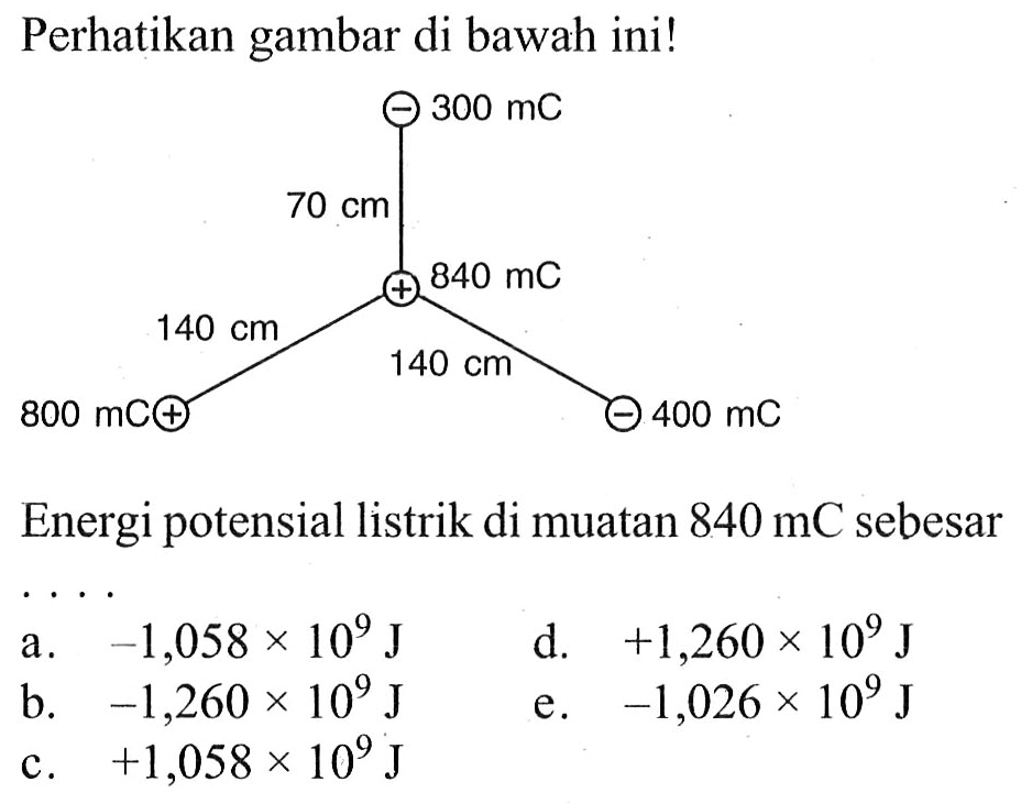 Perhatikan gambar di bawah ini!
- 300mC 70cm + 840mC 140cm 140cm + 800mC - 400 mC

Energi potensial listrik di muatan 840 mC sebesar
