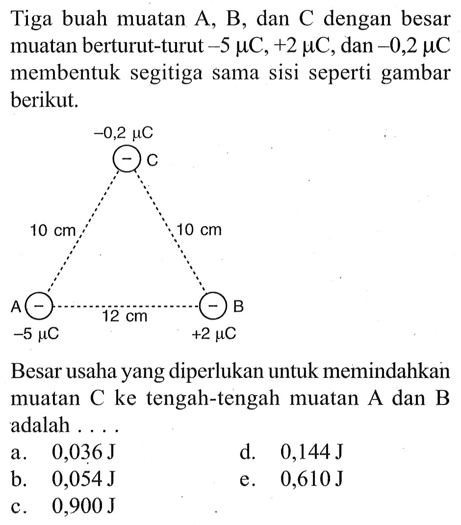 Tiga buah muatan A, B, dan C dengan besar muatan berturut-turut -5 mikro C, +2 mikro C , dan -0,2 mikro C membentuk segitiga sama sisi seperti gambar berikut. 
-0,2 mikro C C 10 cm 10 cm A B 12 cm -5 mikro C +2 mikro C 
Besar usaha yang diperlukan untuk memindahkan muatan C ke tengah-tengah muatan A dan B adalah 
a. 0,036 J d. 0,144 J b. 0,054 J e. 0,610 J c. 0,900 J