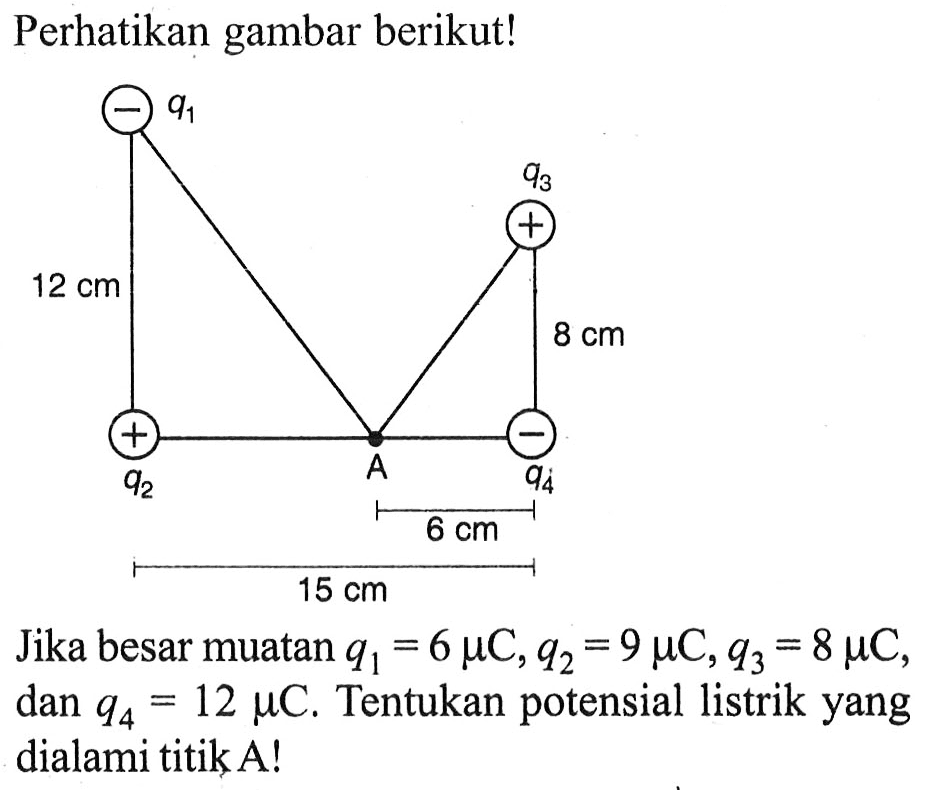 Perhatikan gambar berikut!
Jika besar muatan  q_(1)=6 mu C, q_(2)=9 mu C, q_(3)=8 mu C , dan  q_(4)=12 mu C . Tentukan potensial listrik yang dialami titik A!