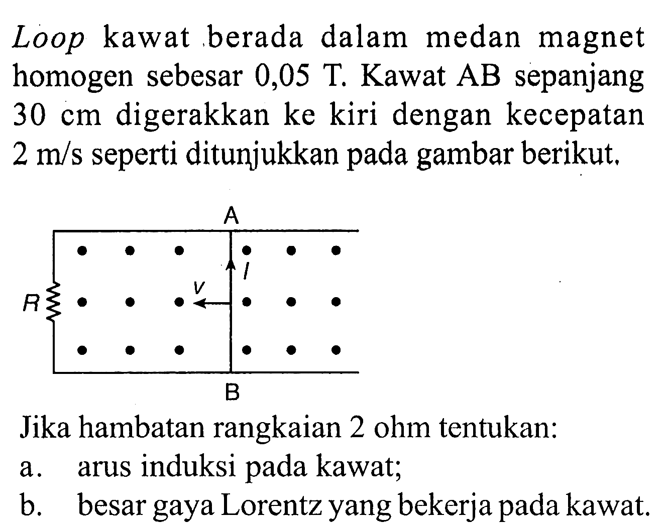 Loop kawat berada dalam medan magnet homogen sebesar 0,05 T. Kawat AB sepanjang 30 cm digerakkan ke kiri dengan kecepatan 2 m/s seperti ditunjukkan pada gambar berikut. 
A I V R B 
Jika hambatan rangkaian 2 ohm tentukan: 
a. arus induksi pada kawat; 
b. besar gaya Lorentz yang bekerja pada kawat.