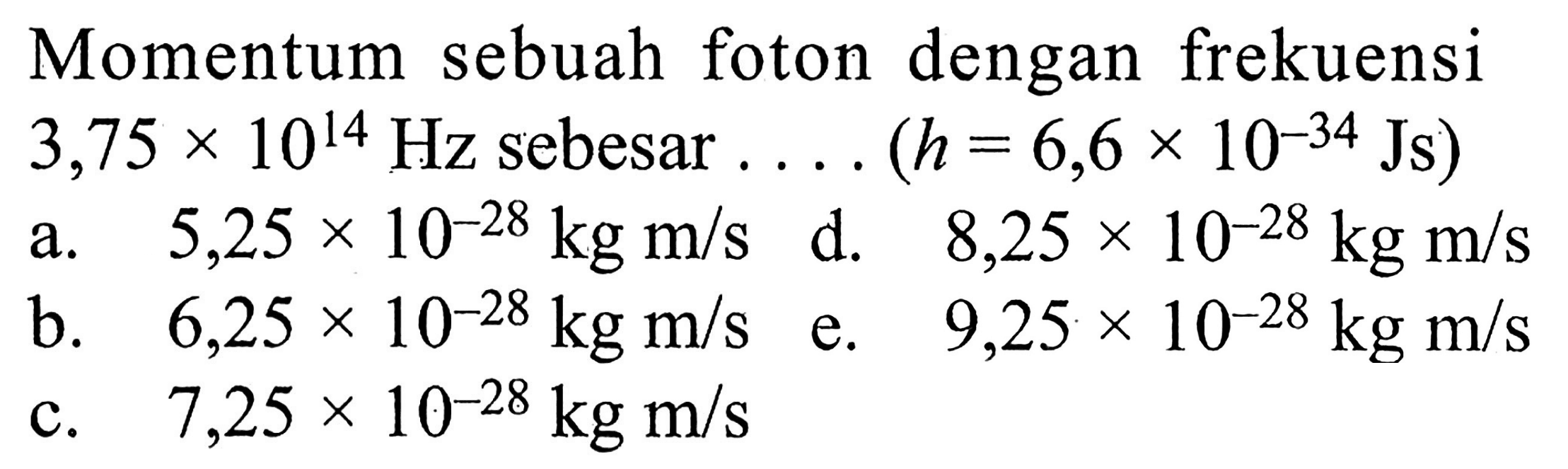 Momentum sebuah foton dengan frekuensi 3,75 x 10^14 Hz sebesar .... (h = 6,6 x 10^(-34) Js)