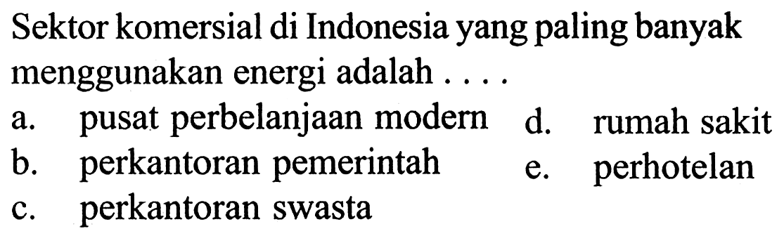 Sektor komersial di Indonesia yang paling banyak menggunakan energi adalah .... a. pusat perbelanjaan modern b. perkantoran pemerintah c. perkantoran swasta d. rumah sakit e. perhotelan