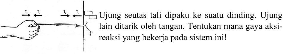 T2 T1 T3 T4 ujung seutas tali dipaku ke suatu dinding. Ujung lain ditarik oleh tangan. Tentukan mana gaya aksi-reaksi yang bekerja pada sistem ini!