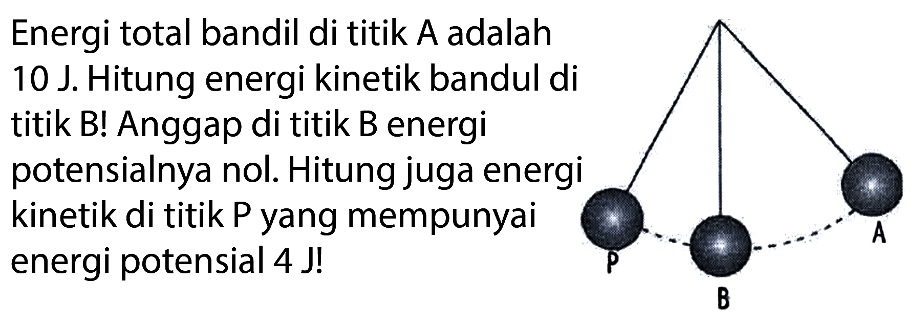 Energi total bandil di titik A adalah 10 J. Hitung energi kinetik bandul di titik B! Anggap di titik B energi potensialnya nol. Hitung juga energi kinetik di titik P yang mempunyai energi potensial 4 J! P B A 