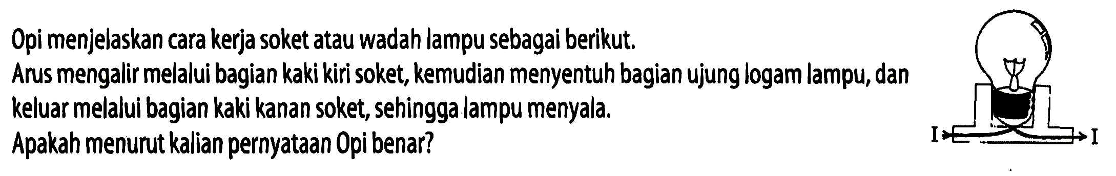 Opi menjelaskan cara kerja soket atau wadah lampu sebagai berikut. Arus mengalir melalui bagian kaki kiri soket, kemudian menyentuh bagian ujung logam lampu, dan keluar melalui bagian kaki kanan soket, sehingga lampu menyala. Apakah menurut kalian pernyataan Opi benar? 
I I