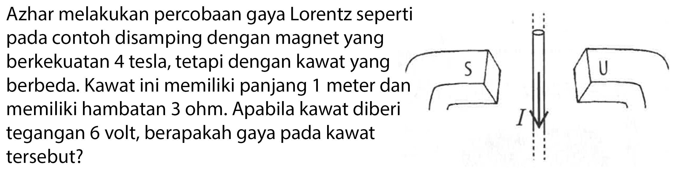 Azhar melakukan percobaan gaya Lorentz seperti
pada contoh disamping dengan magnet yang berkekuatan 4 tesla, tetapi dengan kawat yang berbeda. Kawat ini memiliki panjang 1 meter dan memiliki hambatan 3 ohm. Apabila kawat diberi tegangan 6 volt, berapakah gaya pada kawat tersebut?
S U I 