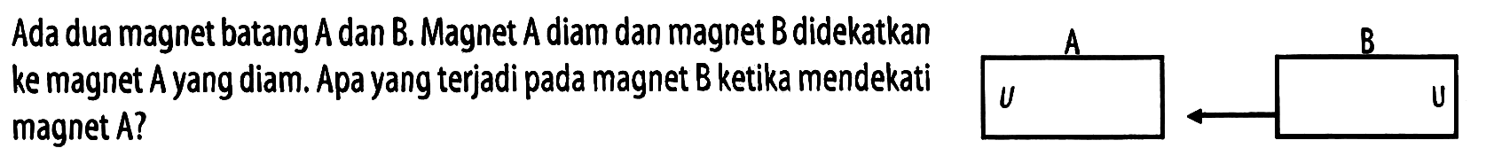 Ada dua magnet batang  A  dan  B . Magnet  A  diam dan magnet  B  didekatkan ke magnet Ayang diam. Apa yang terjadi pada magnet  B  ketika mendekati magnet  A  ?
A B U U