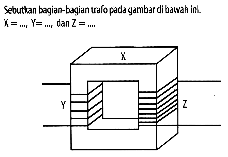 Sebutkan bagian-bagian trafo pada gambar di bawah ini. X = ..., Y = ..., dan Z = .... 
X Y Z