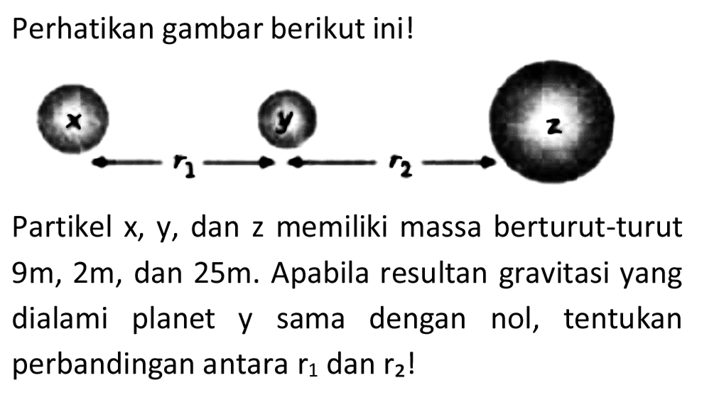 Perhatikan gambar berikut ini!
x y z
r1 r2
Partikel x, y, dan z memiliki massa berturut-turut 9 m, 2 m, dan 25 m. Apabila resultan gravitasi yang dialami planet y sama dengan nol, tentukan perbandingan antara r1 dan r2!