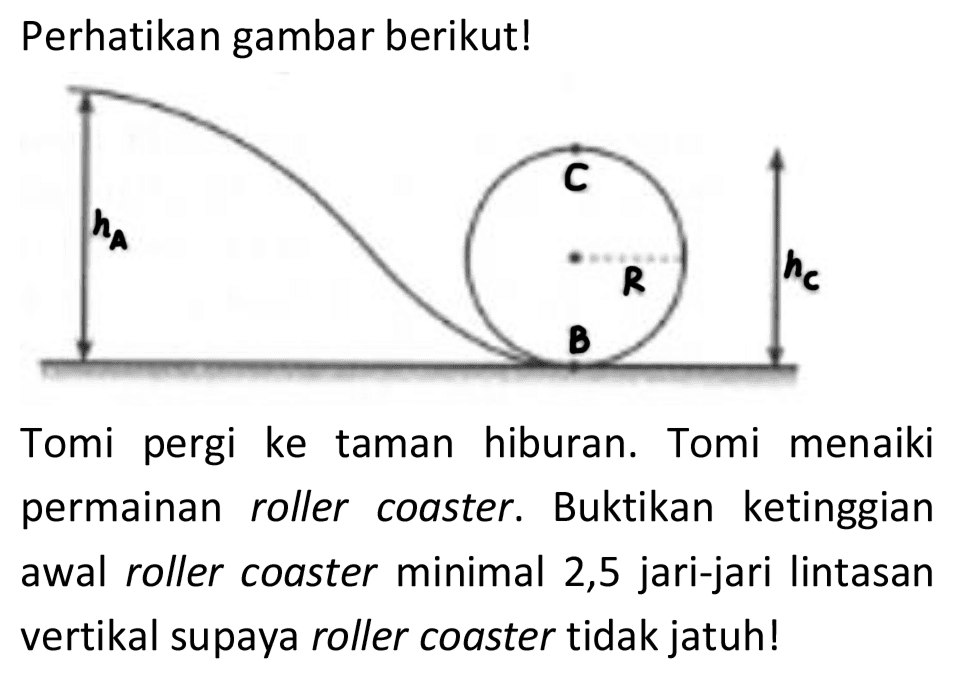 Perhatikan gambar berikut! hA C R B hc Tomi pergi ke taman hiburan. Tomi menaiki permainan roller coaster. Buktikan ketinggian awal roller coaster minimal 2,5 jari-jari lintasan vertikal supaya roller coaster tidak jatuh!