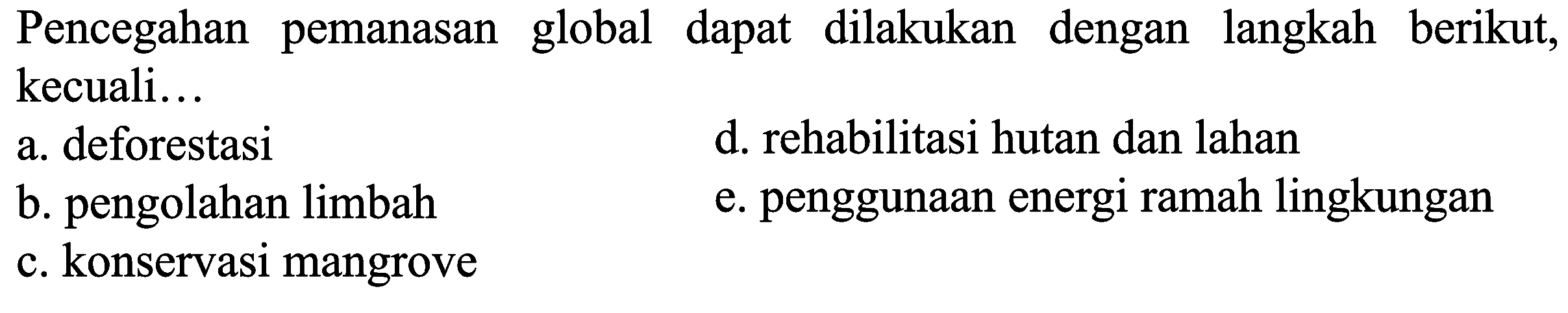 Pencegahan pemanasan global dapat dilakukan dengan langkah berikut, kecuali...