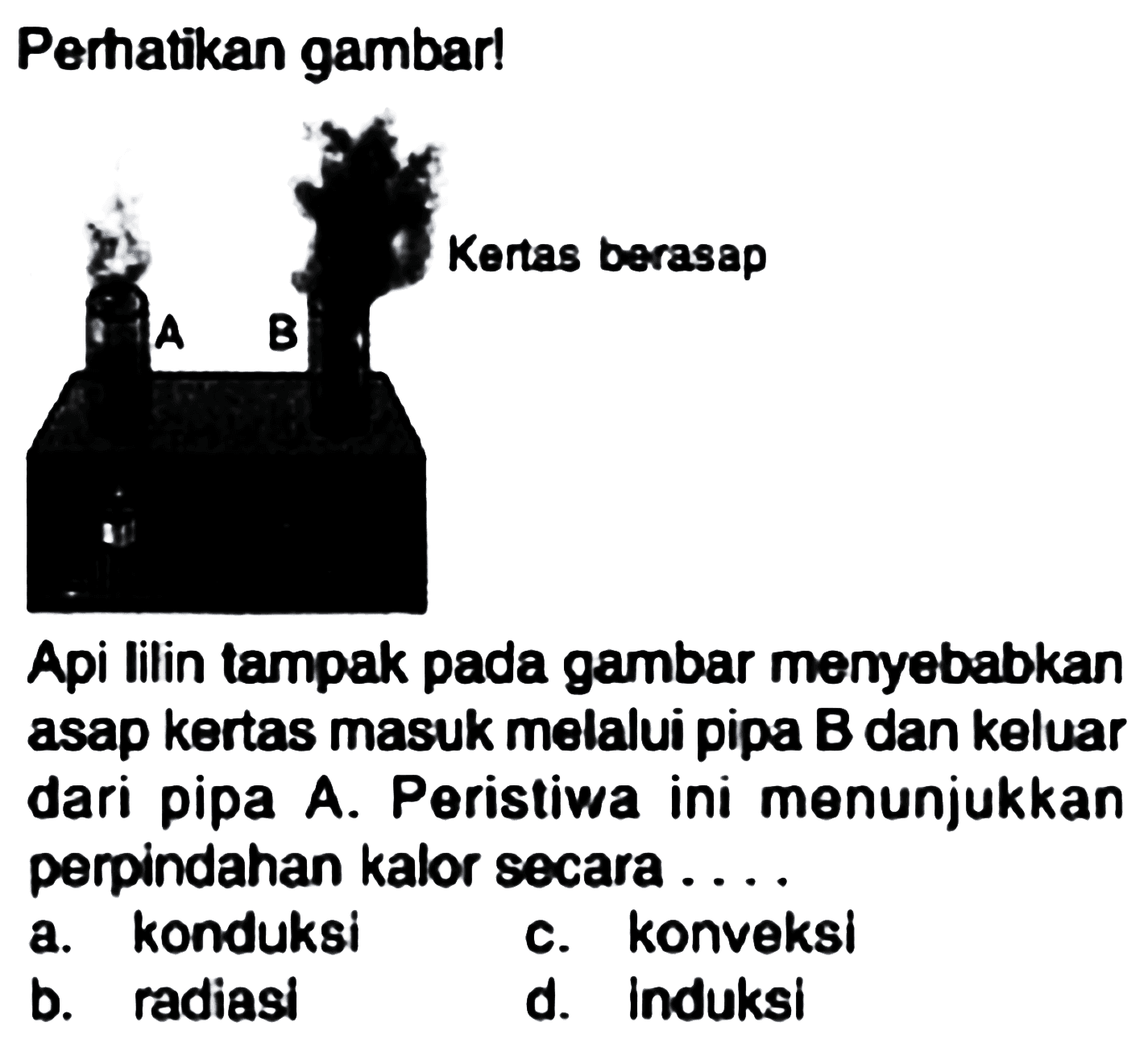 Perhatikan gambar!
Api lilin tampak pada gambar menyobabkan asap kertas masuk molalui pipa B dan keluar dari pipa A. Peristiwa ini menunjukkan perpindahan kalor secara ....
a. konduksi
c. Konveksi
b. radiasi
d. induksi