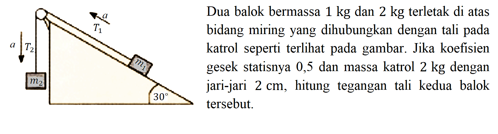 Dua balok bermassa  1 kg  dan  2 kg  terletak di atas bidang miring yang dihubungkan dengan tali pada katrol seperti terlihat pada gambar. Jika koefisien gesek statisnya 0,5 dan massa katrol 2 kg dengan jari-jari  2 cm , hitung tegangan tali kedua balok tersebut.