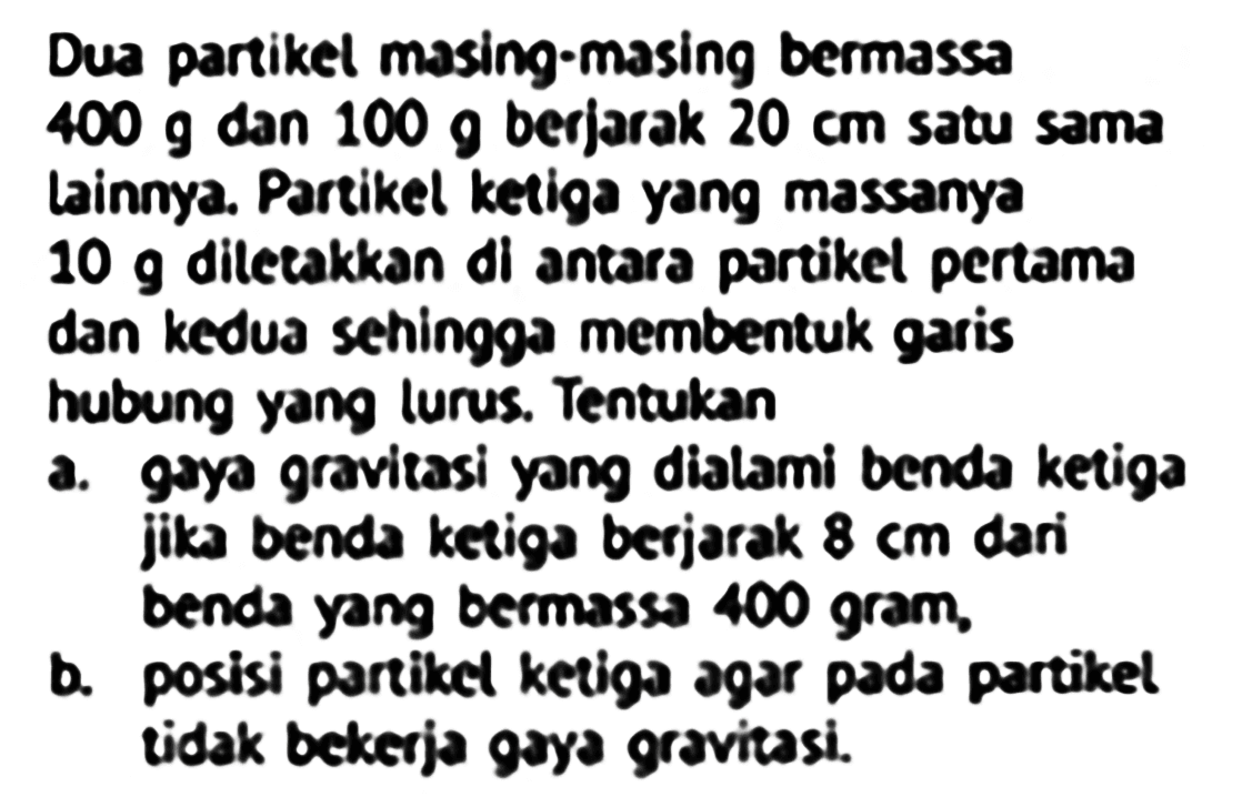 Dua partikel masing-masing bermassa 400 g dan 100 g berjarak 20 cm satu sama lainnya. Partikel ketiga yang massanya 10 g diletakkan di antara partikel pertama dan kedua sehingga membentuk garis hubung yang lurus. Tentukan
a. gaya gravitasi yong dialami benda ketiga jika benda ketiga berjarak 8 cm dari benda yang bermassa 400 gram. b. posisi partiket ketiga agar pada partikel tidak bekerja gaya gravitasi.