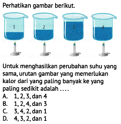 Perhatikan gambar berikut.
Untuk menghasilkan perubahan suhu yang sama, urutan gambar yang memerlukan kalor dari yang paling banyak ke yang paling sedikit adalah....
A.  1,2,3 , dan 4
B.  1,2,4 , dan 3
C.  3,4,2, dan 1 
D.  4,3,2 , dan 1