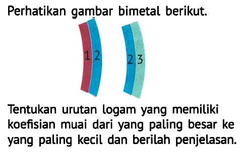 Perhatikan gambar bimetal berikut.
12
23
Tentukan urutan logam yang memiliki koefisian muai dari yang paling besar ke yang paling kecil dan berilah penjelasan.