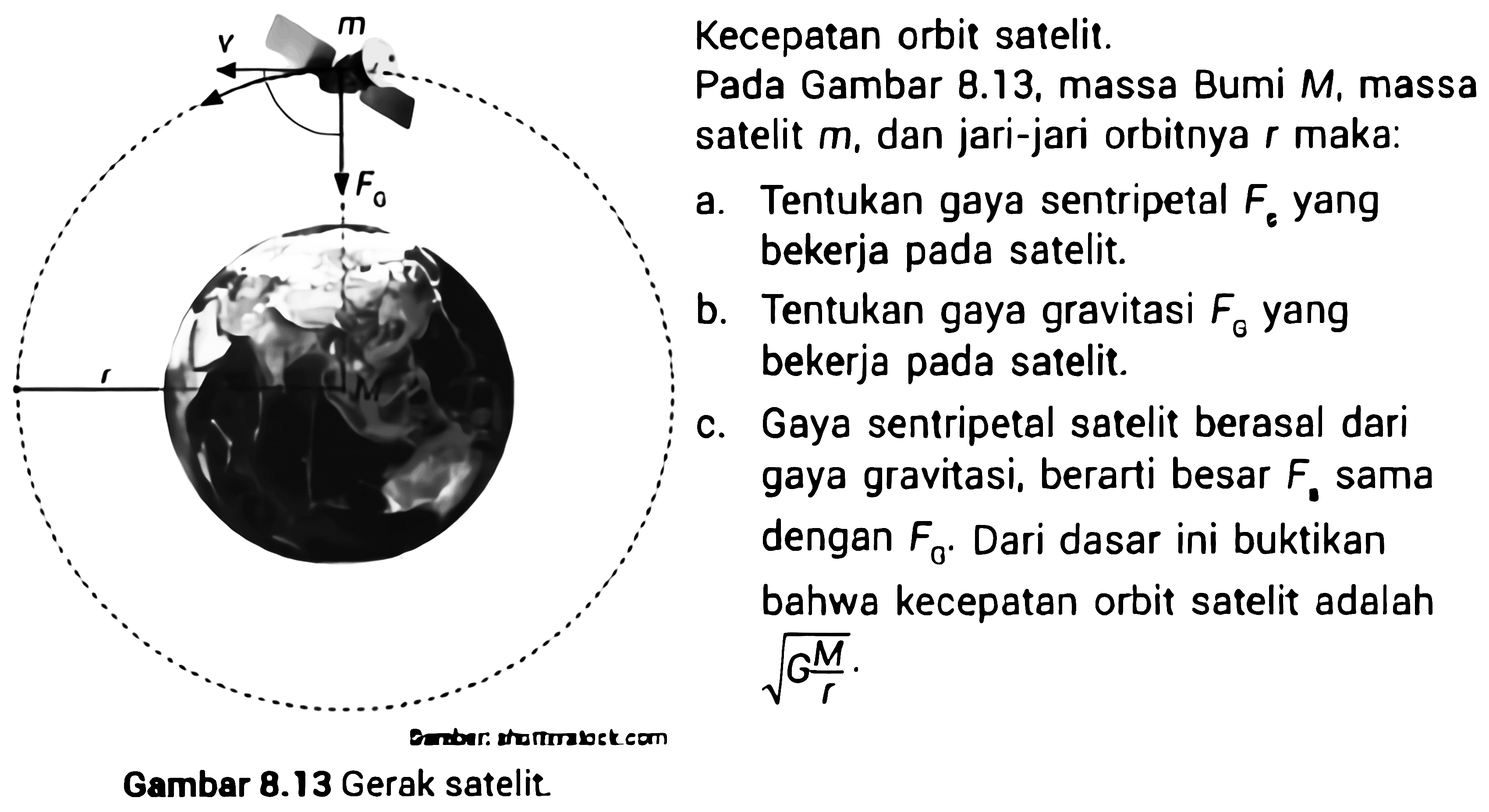 Kecepatan orbit satelit. 
Pada Gambar 8.13, massa Bumi M, massa satelit m, dan jari-jari orbitnya r maka: 
a. Tentukan gaya sentripetal Fg yang bekerja pada satelit. 
b. Tentukan gaya gravitasi FG yang bekerja pada satelit. 
c. Gaya sentripetal satelit berasal dari gaya gravitasi, berarti besar Fg sama dengan FG. Dari dasar buktikan bahwa kecepatan orbit satelit adalah akar(G M/t). 
Gambar 8.13 Gerak satelit. 