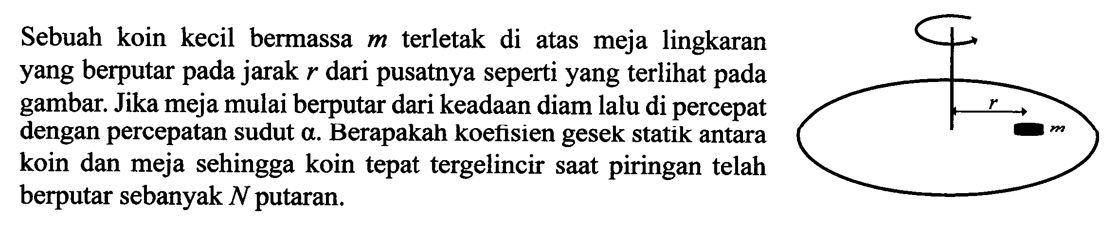 Sebuah koin kecil bermassa  m  terletak di atas meja lingkaran yang berputar pada jarak  r  dari pusatnya seperti yang terlihat pada gambar. Jika meja mulai berputar dari keadaan diam lalu di percepat dengan percepatan sudut  a . Berapakah koefisien gesek statik antara koin dan meja sehingga koin tepat tergelincir saat piringan telah berputar sebanyak  N  putaran.