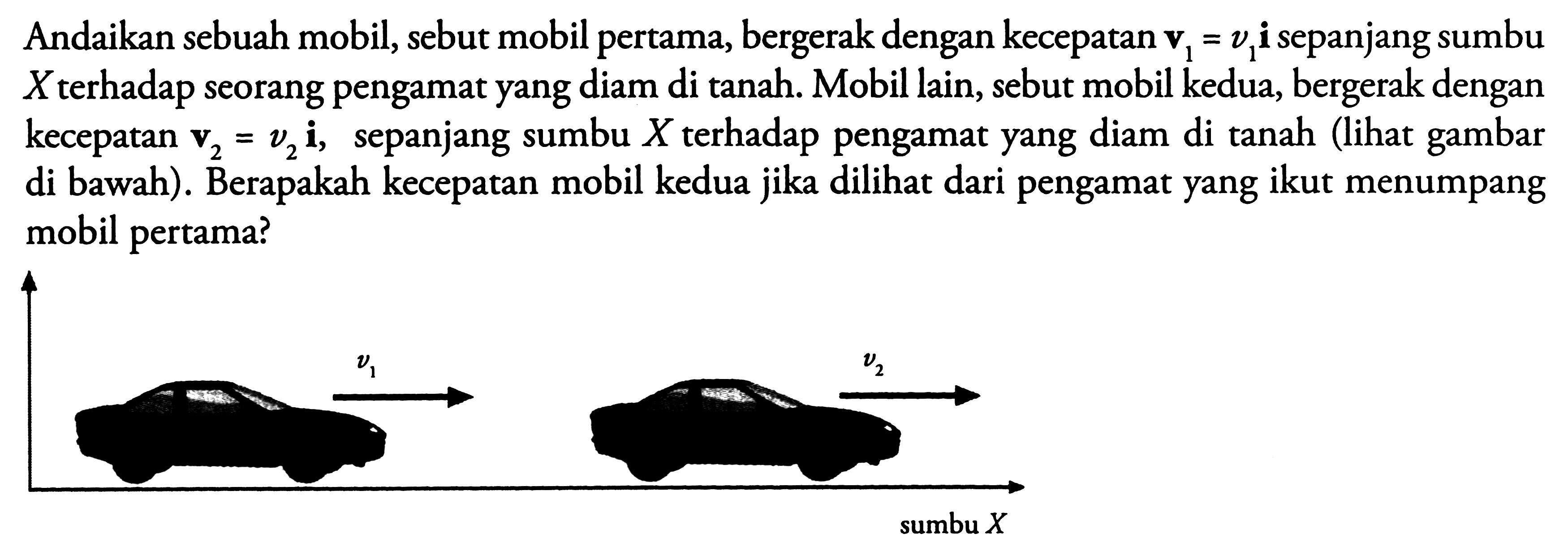Andaikan sebuah mobil, sebut mobil pertama, bergerak dengan kecepatan  {v}_{1}=v_{1} {i}  sepanjang sumbu  X  terhadap seorang pengamat yang diam di tanah. Mobil lain, sebut mobil kedua, bergerak dengan kecepatan  {v}_{2}=v_{2} {i} , sepanjang sumbu  X  terhadap pengamat yang diam di tanah (lihat gambar di bawah). Berapakah kecepatan mobil kedua jika dilihat dari pengamat yang ikut menumpang mobil pertama?