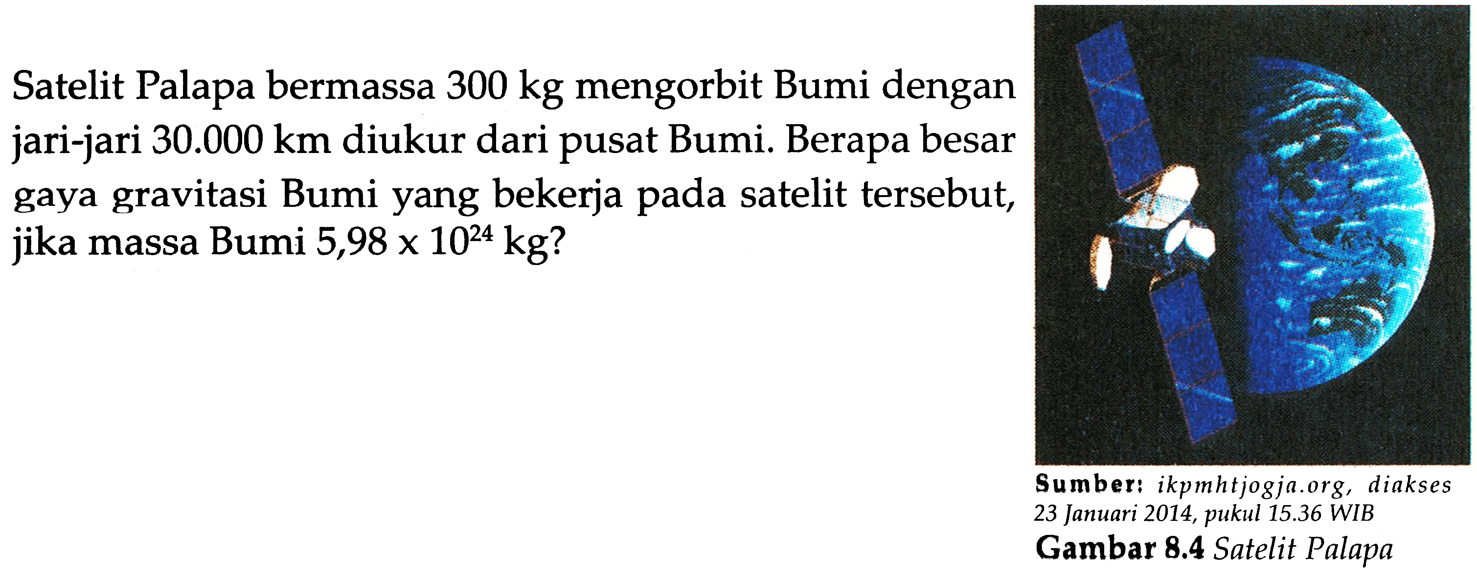 Satelit Palapa bermassa  300 kg  mengorbit Bumi dengan jari-jari  30.000 km  diukur dari pusat Bumi. Berapa besar gaya gravitasi Bumi yang bekerja pada satelit tersebut, jika massa Bumi  5,98 x 10^{24} kg ?