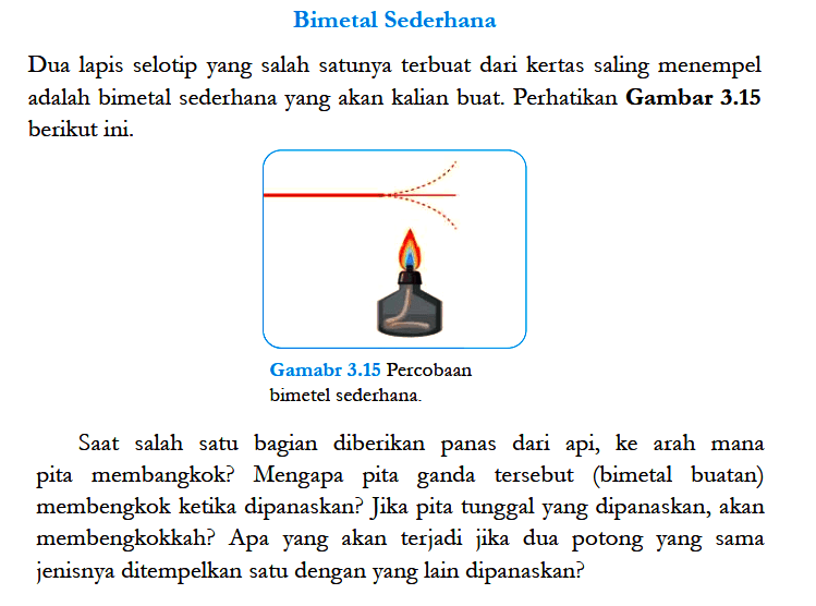 Bimetal Sederhana
Dua lapis selotip yang salah satunya terbuat dari kertas saling menempel adalah bimetal sederhana yang akan kalian buat. Perhatikan Gambar 3.15 berikut ini.
Gambar 3.15 Percobaan bimetel sederhana.
Saat salah satu bagian diberikan panas dari api, ke arah mana pita membangkok? Mengapa pita ganda tersebut (bimetal buatan) membengkok ketika dipanaskan? Jika pita tunggal yang dipanaskan, akan membengkokkah? Apa yang akan terjadi jika dua potong yang sama jenisnya ditempelkan satu dengan yang lain dipanaskan?