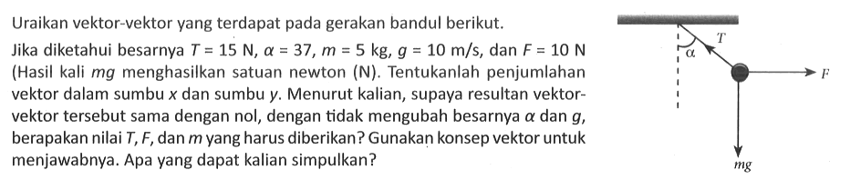 Uraikan vektor-vektor yang terdapat pada gerakan bandul berikut. alpha T F mg Jika diketahui besarnya T=15 N, a=37, m=5 kg, g=10 m/s, dan F=10 N (Hasil kali mg menghasilkan satuan newton (N). Tentukanlah penjumlahan vektor dalam sumbu x dan sumbu y. Menurut kalian, supaya resultan vektor-vektor tersebut sama dengan nol, dengan tidak mengubah besarnya a dan g, berapakan nilai T, F, dan m yang harus diberikan? Gunakan konsep vektor untuk menjawabnya. Apa yang dapat kalian simpulkan?