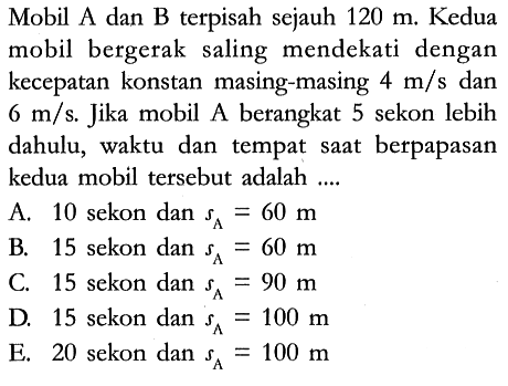 Mobil A dan B terpisah sejauh 120 m. Kedua mobil bergerak saling mendekati dengan kecepatan konstan masing-masing 4 m/s dan 6 m/s. Jika mobil A berangkat 5 sekon lebih dahulu, waktu dan tempat saat berpapasan kedua mobil tersebut adalah ....