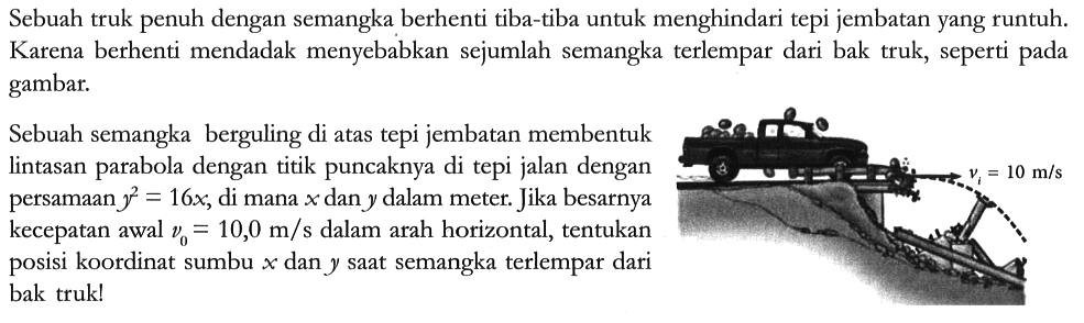 Sebuah truk penuh dengan semangka berhenti tiba-tiba untuk menghindari tepi jembatan yang runtuh. Karena berhenti mendadak menyebabkan sejumlah semangka terlempar dari bak truk, seperti pada gambar. v1=10 m/s Sebuah semangka berguling di atas tepi jembatan membentuk lintasan parabola dengan titik puncaknya di tepi jalan dengan persamaan y^2=16x, di mana x dan y dalam meter. Jika besarnya kecepatan awal v0=10,0 m/s dalam arah horizontal, tentukan posisi koordinat sumbu x dan y saat semangka terlempar dari bak truk!