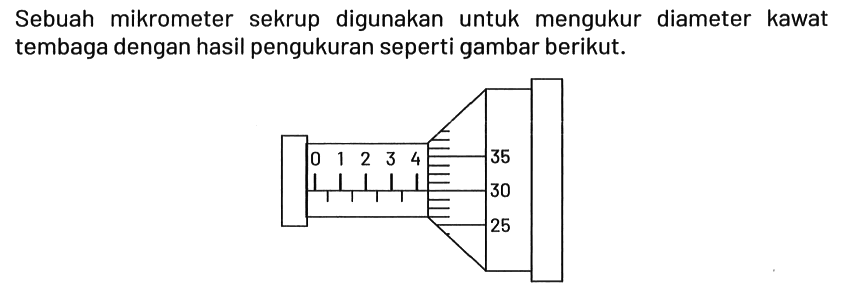 Sebuah mikrometer sekrup digunakan untuk mengukur diameter kawat tembaga dengan hasil pengukuran seperti gambar berikut.

0 1 2 3 4
25 30 35