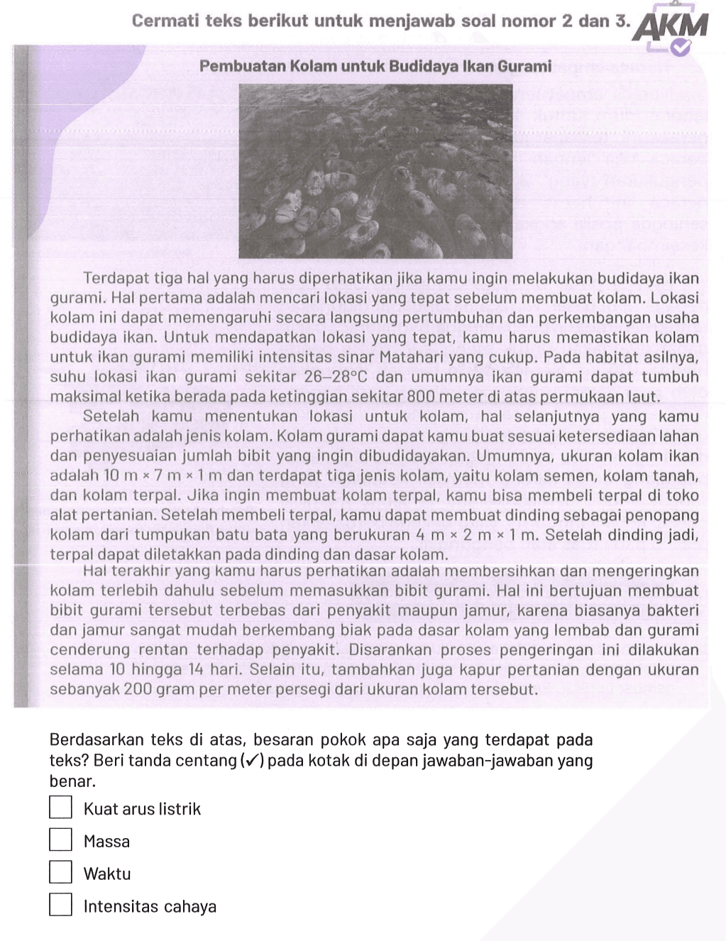 Cermati teks berikut untuk menjawab soal nomor 2 dan 3. AKM
Pembuatan Kolam untuk Budidaya Ikan Gurami
Terdapat tiga hal yang harus diperhatikan jika kamu ingin melakukan budidaya ikan gurami. Hal pertama adalah mencari lokasi yang tepat sebelum membuat kolam. Lokasi kolam ini dapat memengaruhi secara langsung pertumbuhan dan perkembangan usaha budidaya ikan. Untuk mendapatkan lokasi yang tepat, kamu harus memastikan kolam untuk ikan gurami memiliki intensitas sinar Matahari yang cukup. Pada habitat asilnya, suhu lokasi ikan gurami sekitar 26-28 C dan umumnya ikan gurami dapat tumbuh maksimal ketika berada pada ketinggian sekitar 800 meter di atas permukaan laut.
Setelah kamu menentukan lokasi untuk kolam, hal selanjutnya yang kamu perhatikan adalah jenis kolam. Kolam gurami dapat kamu buat sesuai ketersediaan lahan dan penyesuaian jumlah bibit yang ingin dibudidayakan. Umumnya, ukuran kolam ikan adalah 10 m x 7 m x 1 m dan terdapat tiga jenis kolam, yaitu kolam semen, kolam tanah, dan kolam terpal. Jika ingin membuat kolam terpal, kamu bisa membeli terpal di toko alat pertanian. Setelah membeli terpal, kamu dapat membuat dinding sebagai penopang kolam dari tumpukan batu bata yang berukuran 4 m x 2 m x 1 m . Setelah dinding jadi, terpal dapat diletakkan pada dinding dan dasar kolam.

Hal terakhir yang kamu harus perhatikan adalah membersihkan dan mengeringkan kolam terlebih dahulu sebelum memasukkan bibit gurami. Hal ini bertujuan membuat bibit gurami tersebut terbebas dari penyakit maupun jamur, karena biasanya bakteri dan jamur sangat mudah berkembang biak pada dasar kolam yang lembab dan gurami cenderung rentan terhadap penyakit. Disarankan proses pengeringan ini dilakukan selama 10 hingga 14 hari. Selain itu, tambahkan juga kapur pertanian dengan ukuran sebanyak 200 gram per meter persegi dari ukuran kolam tersebut.
Berdasarkan teks di atas, besaran pokok apa saja yang terdapat pada teks? Beri tanda centang (checkmark) pada kotak di depan jawaban-jawaban yang benar.
Kuat arus listrik
Massa
Waktu
Intensitas cahaya