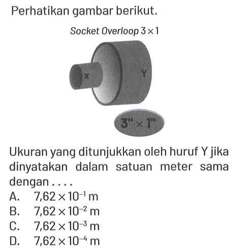 Perhatikan gambar berikut.
Socket Overloop 3 x 1 X Y 3" x 1"
Ukuran yang ditunjukkan oleh huruf Y jika dinyatakan dalam satuan meter sama dengan....
A. 7,62 x 10^(-1) m 
B. 7,62 x 10^(-2) m 
C. 7,62 x 10^(-3) m 
D. 7,62 x 10^(-4) m