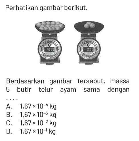 Perhatikan gambar berikut.

G 500 G 100

Berdasarkan gambar tersebut, massa 5 butir telur ayam sama dengan ....
A.  1,67 x 10^(-4) kg 
B.  1,67 x 10^(-3) kg 
C.  1,67 x 10^(-2) kg 
D.  1,67 x 10^(-1) kg 