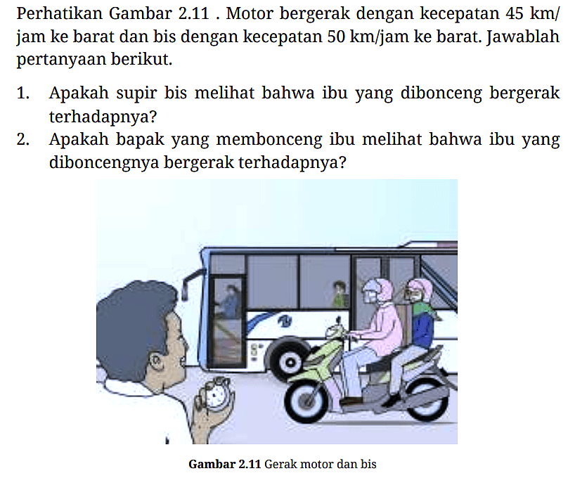 Perhatikan Gambar 2.11. Motor bergerak dengan kecepatan 45 km/jam ke barat dan bis dengan kecepatan 50 km/jam ke barat. Jawablah pertanyaan berikut.
1. Apakah supir bis melihat bahwa ibu yang dibonceng bergerak terhadapnya?
2. Apakah bapak yang membonceng ibu melihat bahwa ibu yang diboncengnya bergerak terhadapnya?

Gambar 2.11 Gerak motor dan bis