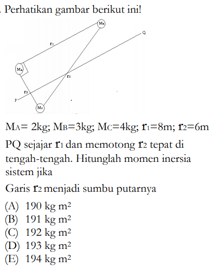 Perhatikan gambar berikut ini! MB r1 Q MA r2 r3 P McMA=2kg; MB=3kg; MC=4kg; r1=8m; r2=6m PQ sejajar r1 dan memotong r2 tepat di tengah-tengah. Hitunglah momen inersia sistem jika Garis r2 menjadi sumbu putarnya