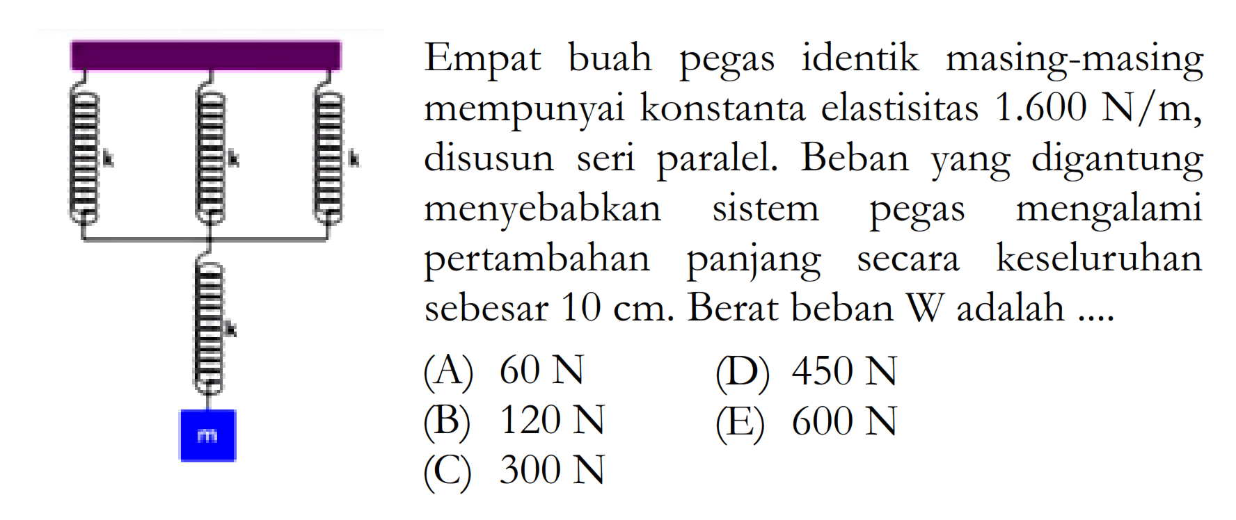 Empat buah pegas identik masing-masing mempunyai konstanta elastisitas  1.600 N/m , disusun seri paralel. Beban yang digantung menyebabkan sistem pegas mengalami pertambahan panjang secara keseluruhan sebesar  10 cm . Berat beban W adalah ....