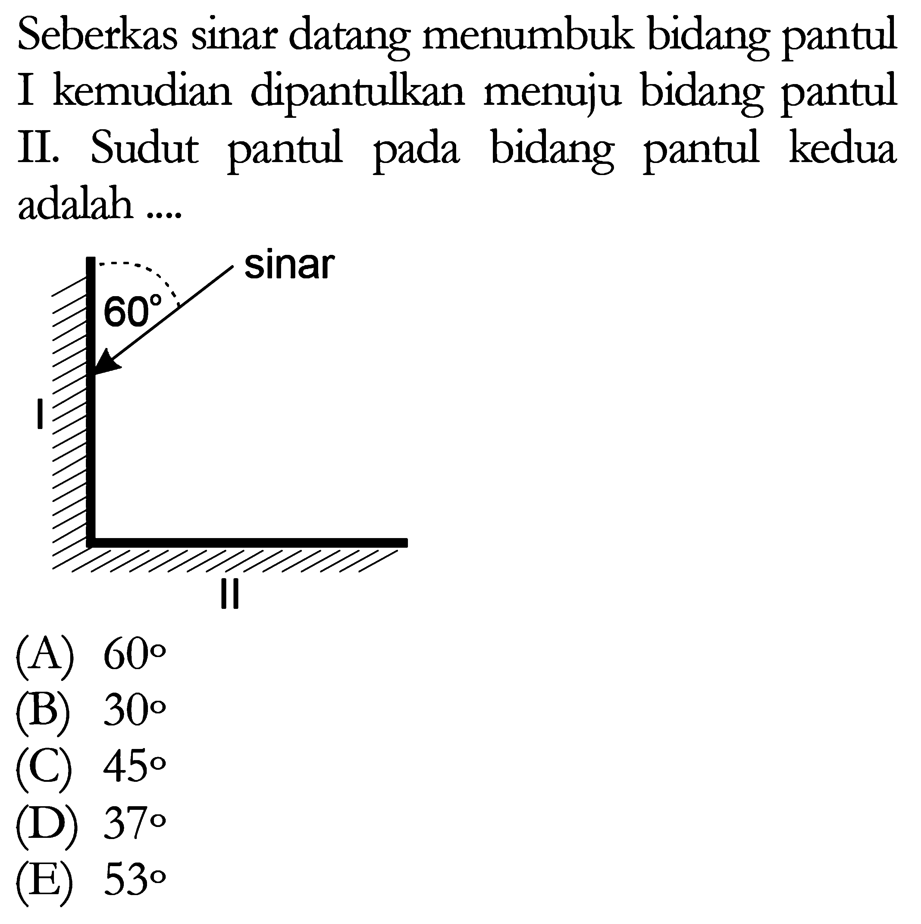 Seberkas sinar datang menumbuk bidang pantul I kemudian dipantulkan menuju bidang pantul II. Sudut pantul pada bidang pantul kedua adalah ....
sinar 
60
I 
II