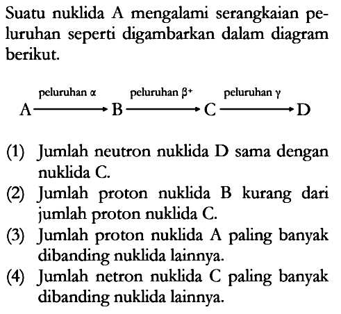 Suatu nuklida A mengalami serangkaian peluruhan seperti digambarkan dalam diagram berikut. A peluruhan alpha B Peluruhan beta^+ C peluruhan gamma D
(1) Jumlah neutron nuklida D sama dengan nuklida C.
(2) Jumlah proton nuklida B kurang dari jumlah proton nuklida C .
(3) Jumlah proton nuklida A paling banyak dibanding nuklida lainnya.
(4) Jumlah netron nuklida C paling banyak dibanding nuklida lainnya.