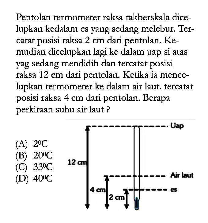 Pentolan termometer raksa takberskala dice- lupkan kedalam es yang sedang melebur. Ter- catat posisi raksa 2 cm dari pentolan. Ke- mudian dicelupkan lagi ke dalam uap si atas yag sedang mendidih dan tercatat posisi raksa 12 cm dari pentolan. Ketika ia mence- lupkan termometer ke dalam air laut. tercatat posisi raksa 4 cm dari pentolan. Berapa perkiraan suhu air laut ?