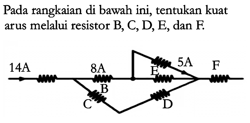 Pada rangkaian di bawah ini, tentukan kuat arus melalui resistor B, C,D, E, dan F.