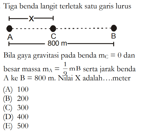 Tiga benda langit terletak satu garis lurus- x -A C B- 800 m -Bila gaya gravitasi pada benda mC=0 dan besar massa mA=1/9 mB serta jarak benda A ke B=800 m. Nilai X adalah....meter