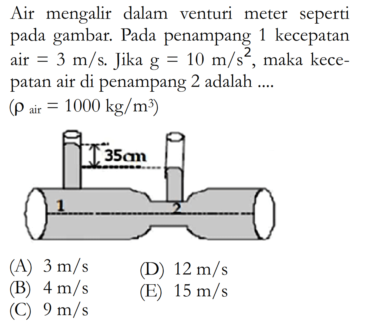 Air mengalir dalam venturi meter seperti pada gambar. Pada penampang 1 kecepatan pada air = 3 m/s Jika g = 10 m/s^2, maka kecepatan air di penampang 2 adalah (rho air = 1000 kg/m^3) 35 cm 1 2 
(A) 3 m/s (D) 12 m/s (B) 4 m/s (E) 15 m/s (C) 9 m/s