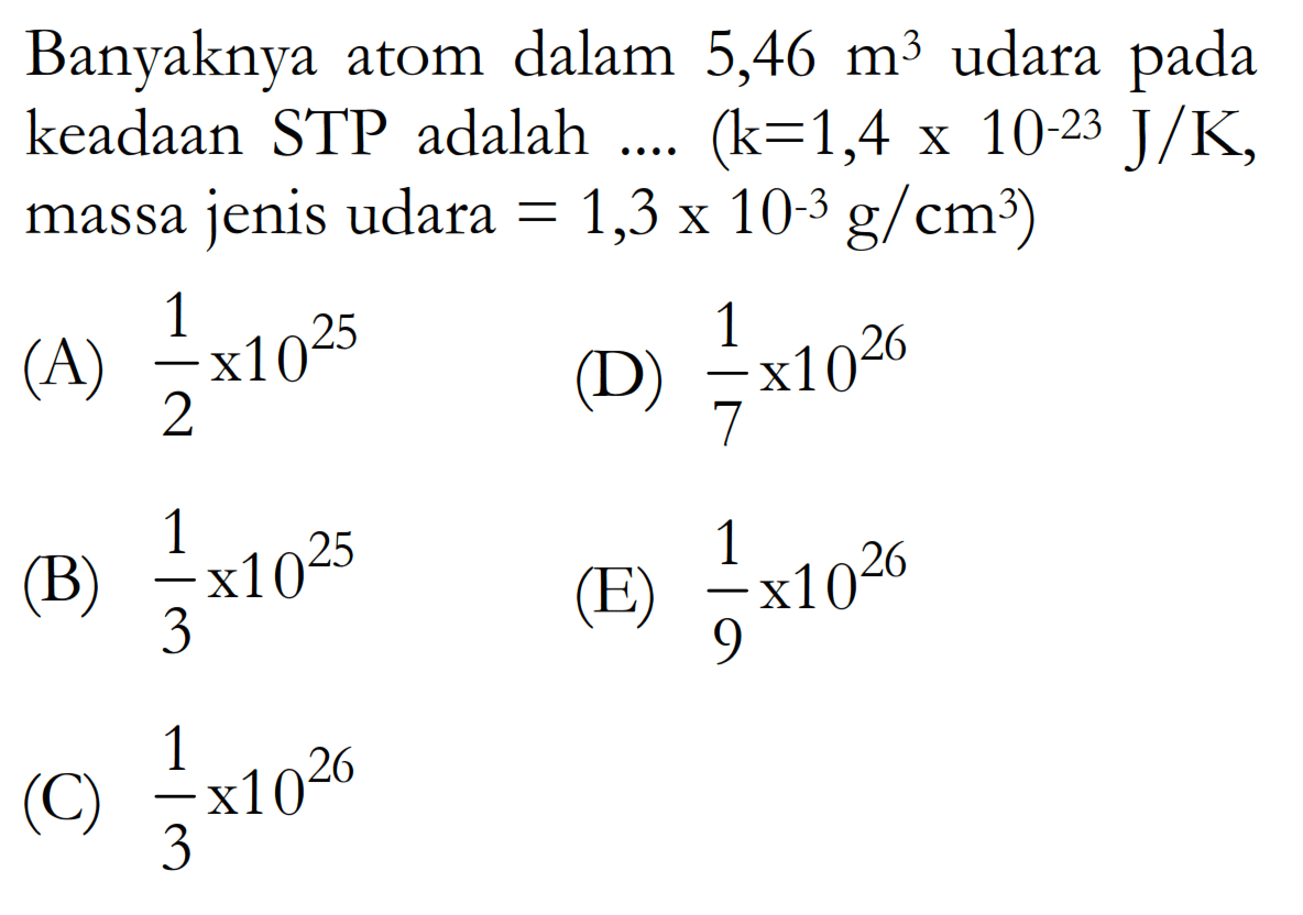 Banyaknya atom dalam 5,46 m^3 udara pada keadaan STP adalah .... (k = 1,4 x 10^(-23) J/K, massa jenis udara = 1,3 x 10^(-3) g/cm^3)