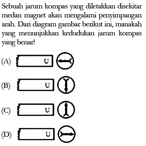 Sebuah jarum kompas yang diletakkan disekitar medan magnet akan mengalami penyimpangan arah. Dari diagram gambar berikut ini, manakah yang menunjukkan kedudukan jarum kompas yang benar! (A) U (B) U (C) U (D) U 