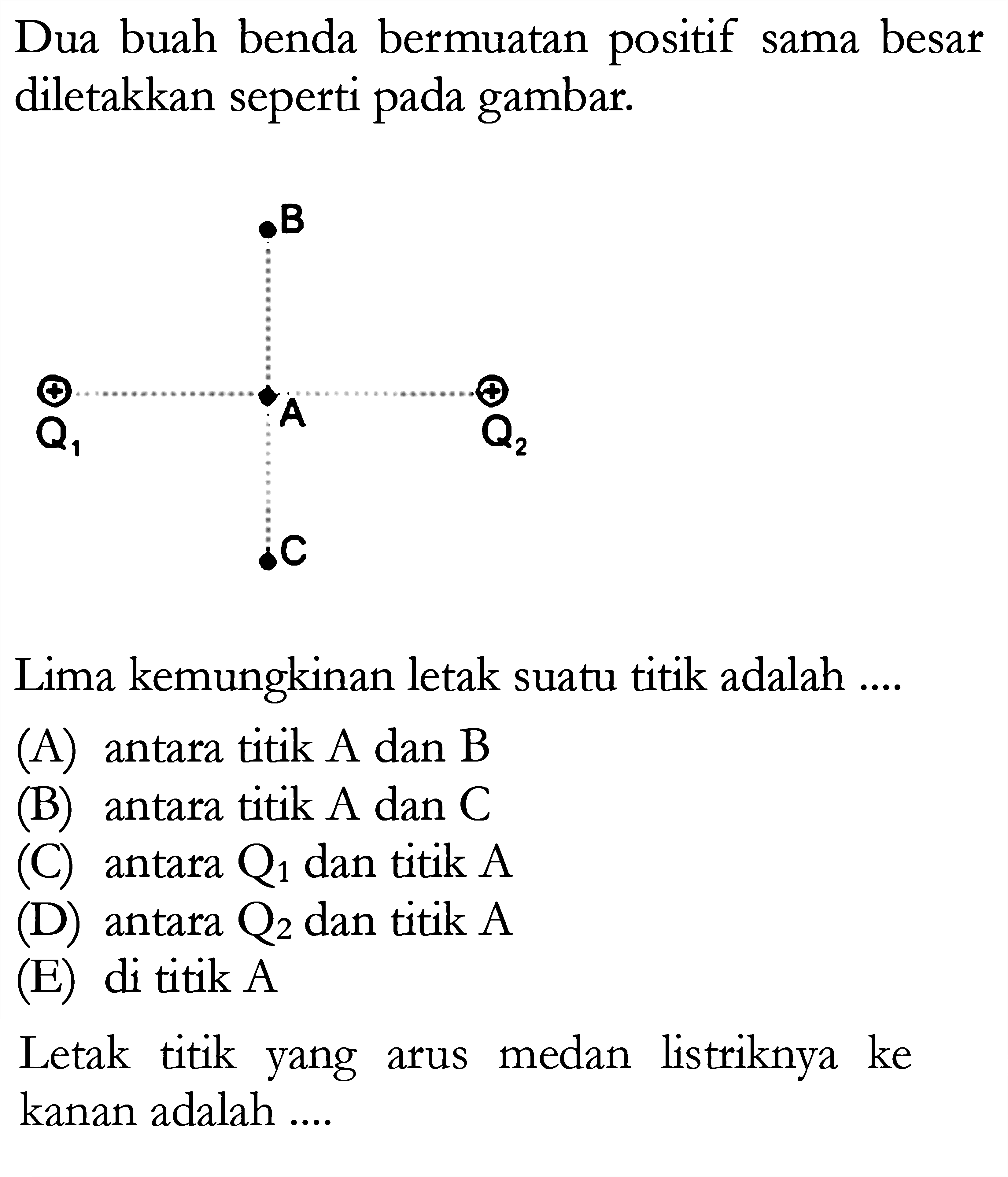 Dua buah benda bermuatan positif sama besar diletakkan seperti pada gambar. Lima kemungkinan letak suatu titik adalah ... Letak titik yang arus medan listriknya ke kanan adalah ...